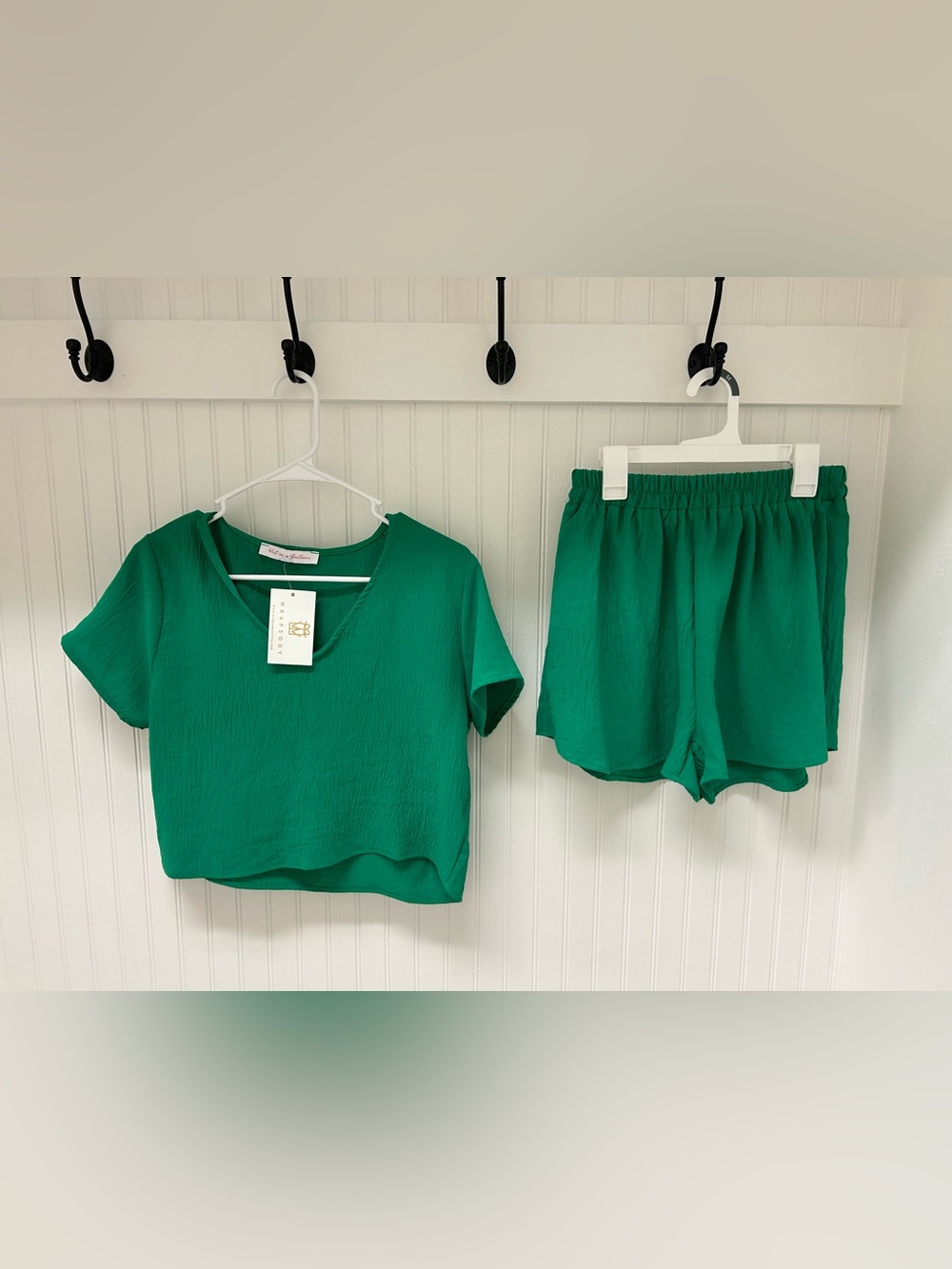 Green V-Neck Top and Shorts Set